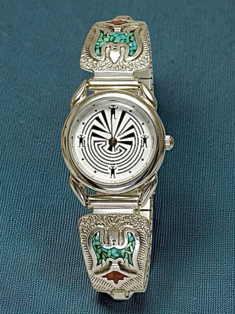 Navajo 925 Silver Tips With Inlaid Coral & Turquoise - Silver Indian Maze Watch